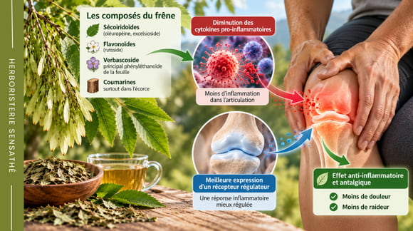 Frêne et arthrose  illustration des composés actifs des feuilles de frêne et de leurs effets anti-inflammatoires potentiels sur les articulations - Herboristerie Sensathé